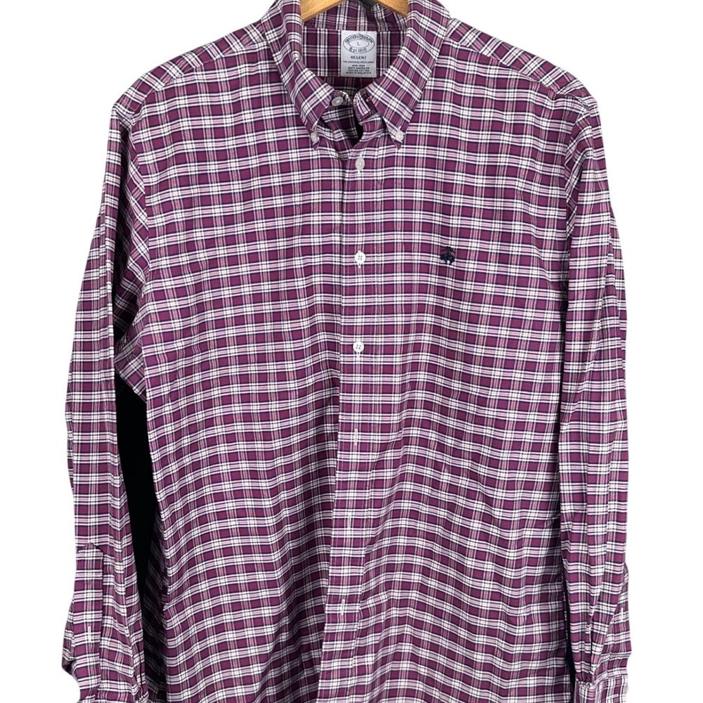 Brooks Brothers Regent Mens L Purple Plaid Non-Iron Supima Cotton Button Down